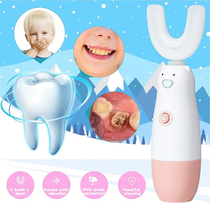 Kids Electric Toothbrush，U Shaped toddler Toothbrush Waterproof Battery Powered 360 Automatic Sonic u shaped Toothbrushes for 2-7 Years Old for Boys Girls，with 2 Replacement Brush Heads（Pink）