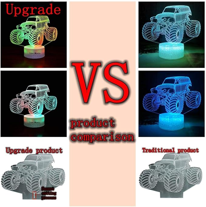 3D Night Lights for Children, Kids Night Lamp, Monster Trucks for Boys, 7 LED Colors Changing Lighting, Car Shape Acrylic Lighting Table Desk Bedroom Decoration, Cool Gifts Ideas Birthday Xmas