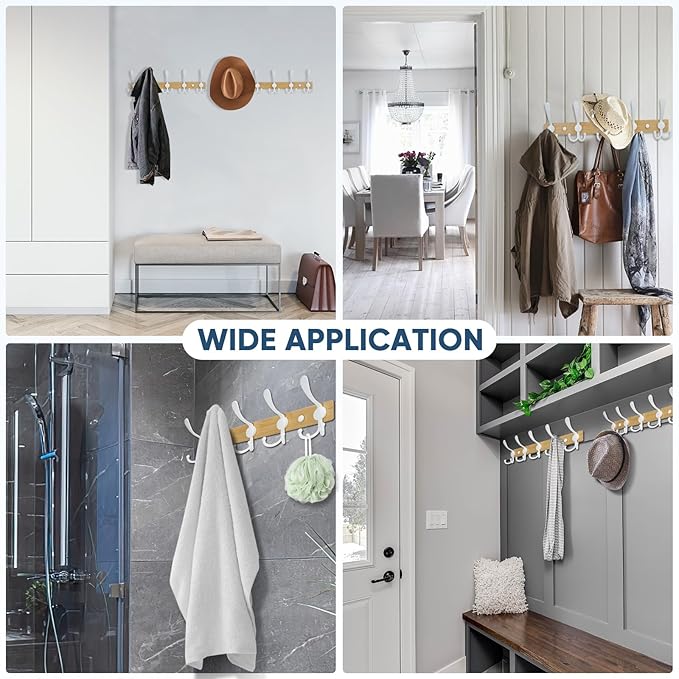TICONN Wall Mounted Coat Rack, Five Heavy Duty Tri Hooks All Metal Construction for Jacket Coat Hat in Mudroom Entryway (Wood White, 2-Pack)