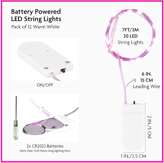 12-Pack LED Fairy Lights 7 Feet Battery Powered Waterproof Silver Wire 20 Slim Copper Wire Pastel Lights for DIY Wedding Party Bedroom Patio Easter Christmas (Pink)