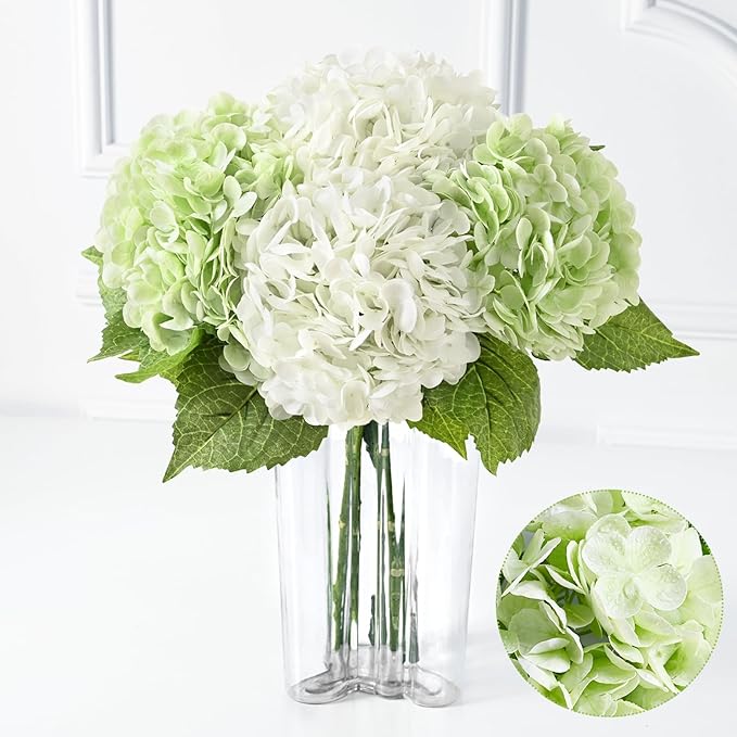 Waipfaru 4Pcs Real Touch Hydrangea Artificial Flowers, Green & White Fake Hydrangea Flowers, 21" Lifelike Latex Faux Hydrangea Flowers for Wedding Bouquet Home Decor Centerpieces