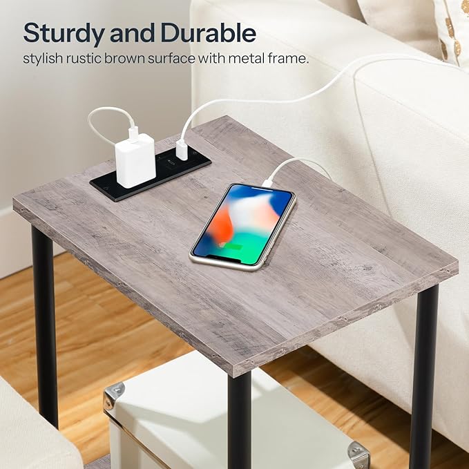 HOOBRO Side Table with Charging Station, Set of 2 End Tables with USB Port and Outlets, Nightstand with 2-Layer Storage Shelves for Small Spaces, Living Room, Bedroom, Greige and Black BG09UBZP201