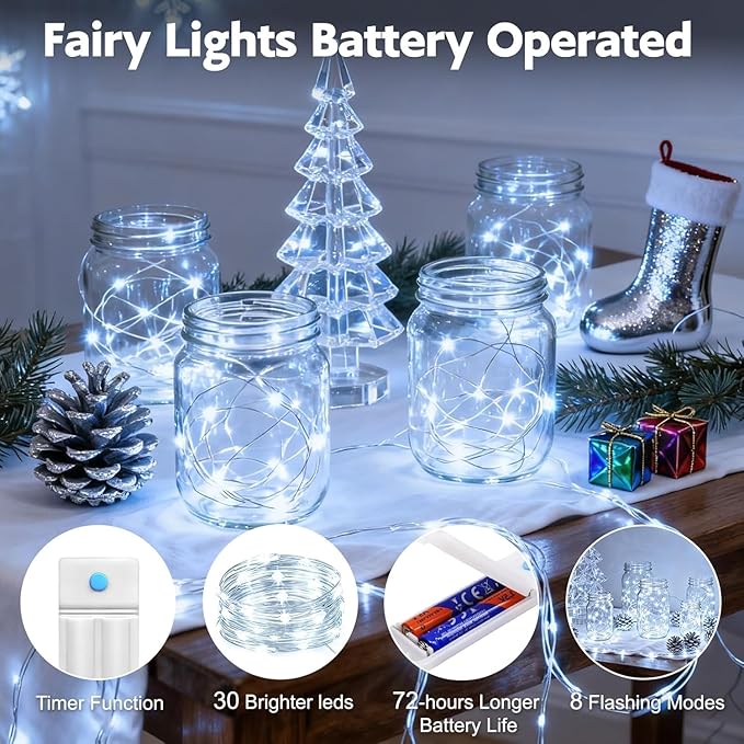 YJFWAL 12 Pack 10ft 30LED Starry String Lights with 8 Modes Timer Function Waterproof Fairy Lights Battery Operated(AAA Batteries Included) for DIY, Wedding, Party, Patio, Garden Decor (Cool White)