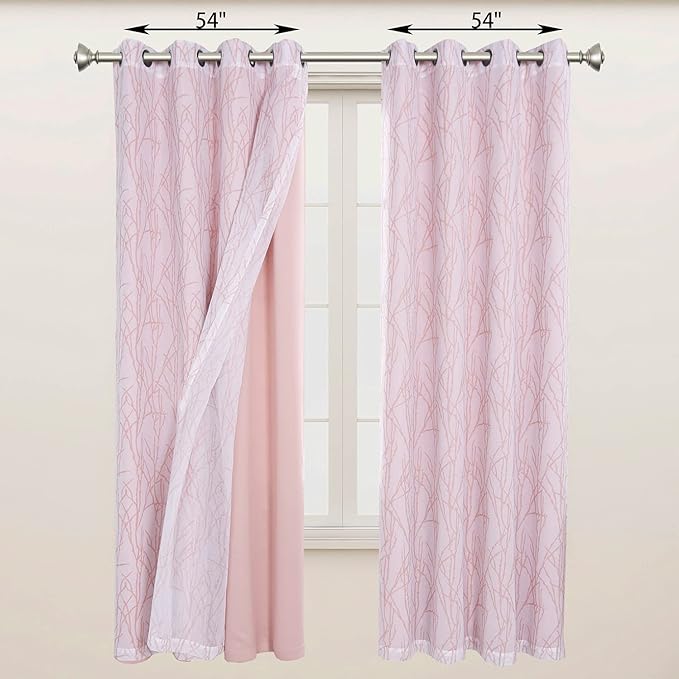 BONZER Mix and Match Curtains - 2 Pieces Branch Print Sheer Curtains and 2 Pieces Blackout Curtains for Bedroom Living Room Grommet Window Drapes, 54x95 Inch/Panel, Blush, Set of 4 Panels