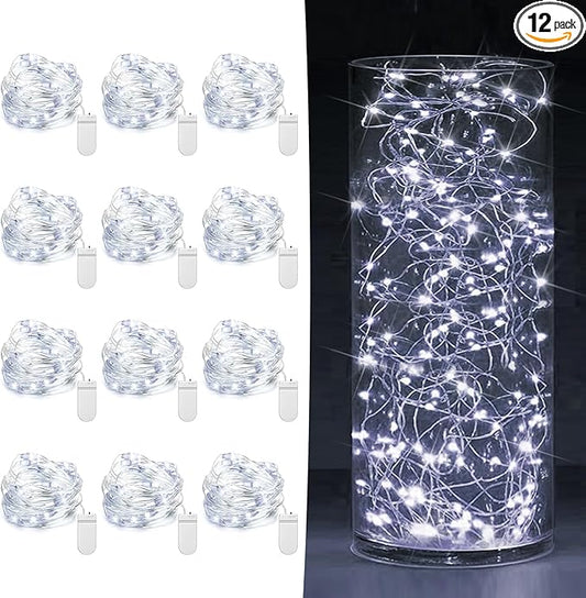 12 Pack Fairy Lights Battery Operated 7ft 20 LED Mini String Twinkle Silver Wire Firefly Starry for Mason Jars Wedding Party Christmas Centerpiece Table Decorations, Cool White