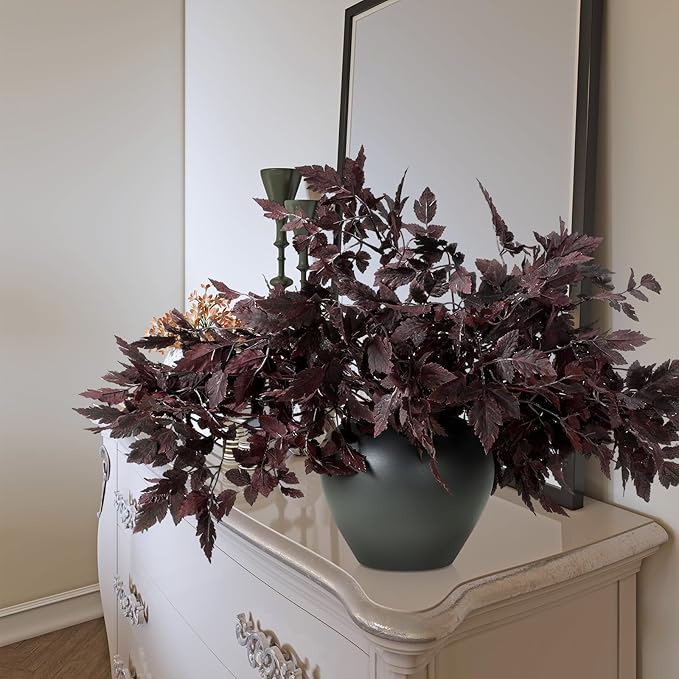 Lyrow 10 Pack Artificial Cimicifuga Plant Leaf Spray Faux Plum Cimicifuga Ramosa Leaf Branch Faux Fall Spray Silk Plants for Home Vase Wedding Garden Farmhouse Table Mantel Decor (18 Inches)