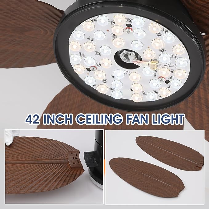 Palm Leaf Ceiling Fans with Lights-42 Tropical Ceiling Fan with Light and Remote/APP Control,Flush Mount Low Profile Ceiling Fans for Bedroom,Indoor/Outdoor Patio Use(Brown)