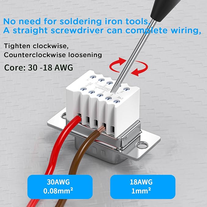 2Pack DB9 Serial Breakout Board, Solder-Free D-SUB 9-Pin Male & Female RS232/485 Terminal Adapter with Metal Shell, Bolts, Nuts & Screwdriver,Small-Size DB9 Connector.