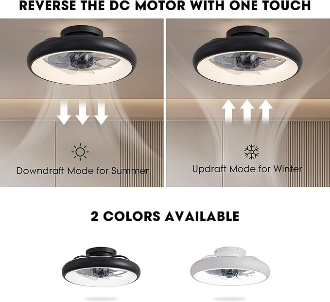 Ceiling Fan with Lights, 15" Flush Mount, Black Low Profile with 6 Wind Speeds, Smart Dimmable LED for Bedroom, Living Room