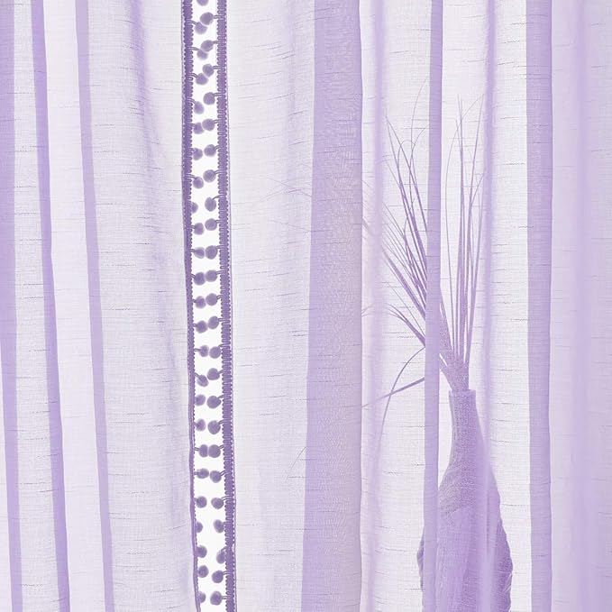 Treatmentex Pompom Sheer Curtains for Living Room 72" Lilac Window Drapes Lavender Voile Curtain for Girls' Room 2panels Rod Pocket