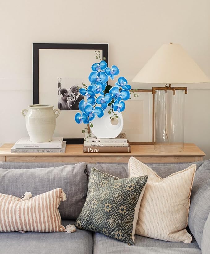 Briful Artificial Orchid Flowers in Modern Ceramic Vase 15.7" Tall Blue Faux Orchid Arrangement Silk Orchid Flower Fake Orchid Centerpiece for Home Office Room Wedding Table Décor