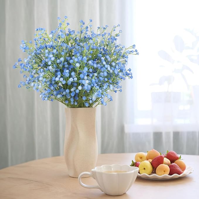 N&T NIETING Babys Breath Artificial Flowers Bulk, 10Pcs Blue Fake Gypsophila Bouquet Flowers Real Touch Faux Babies Breath Arrangement for Wedding Floral Party Home Centerpieces Vase Decoration, Blue