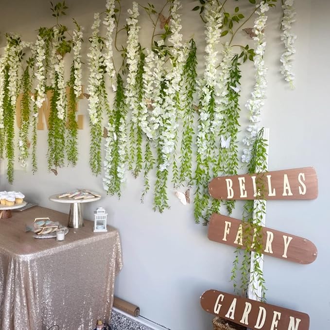Artificial Wisteria Hanging Flowers Fake Wisteria Flower Garland Silk Vines Rattan Decor for Home Wedding Arch Wall Garden Greenery Bedroom Outdoor Office Party Decoration (24, White)
