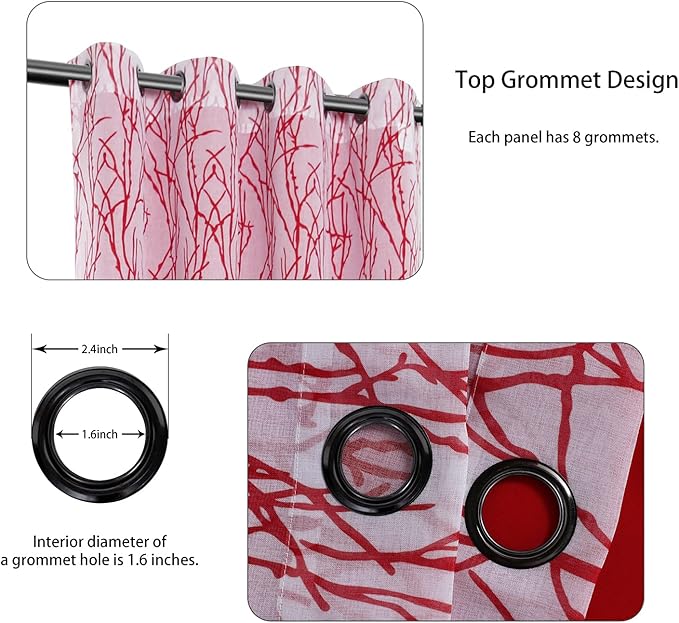 BONZER Mix and Match Curtains - 2 Pieces Branch Print Sheer Curtains and 2 Pieces Blackout Curtains for Bedroom Living Room Grommet Window Drapes, 54x95 Inch/Panel, Red, Set of 4 Panels