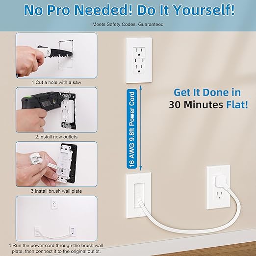 in Wall Cable Management Kit, 2 AC & 2 USB-C Ports Recessed Outlet Box for Wall Mount TV,Recessed Power Box with 9.8ft Extender for Unreachable Outlets,Hide TV Cords & Cables