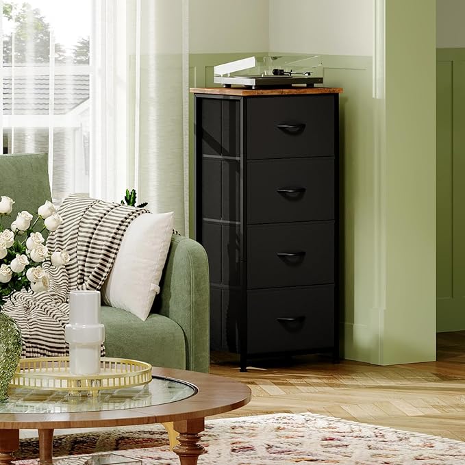 Somdot Dresser for Bedroom with 4 Drawers, Storage Organizer Chest of Drawers with Removable Fabric Bins for Closet Bedside Living Room Laundry Entryway Hallway, Black Rustic Brown