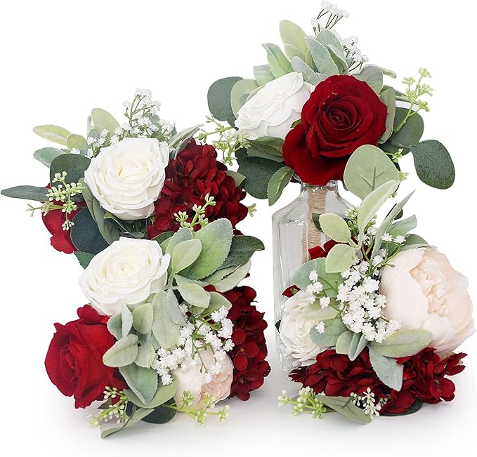 Artificial Flowers Bridesmaid Bouquets - Set of 4 Bridesmaid Bouquet Burgundy White Handmade Silk Floral Bouquet for Wedding Ceremony Anniversary, Bridal Shower, Home Table Decorations