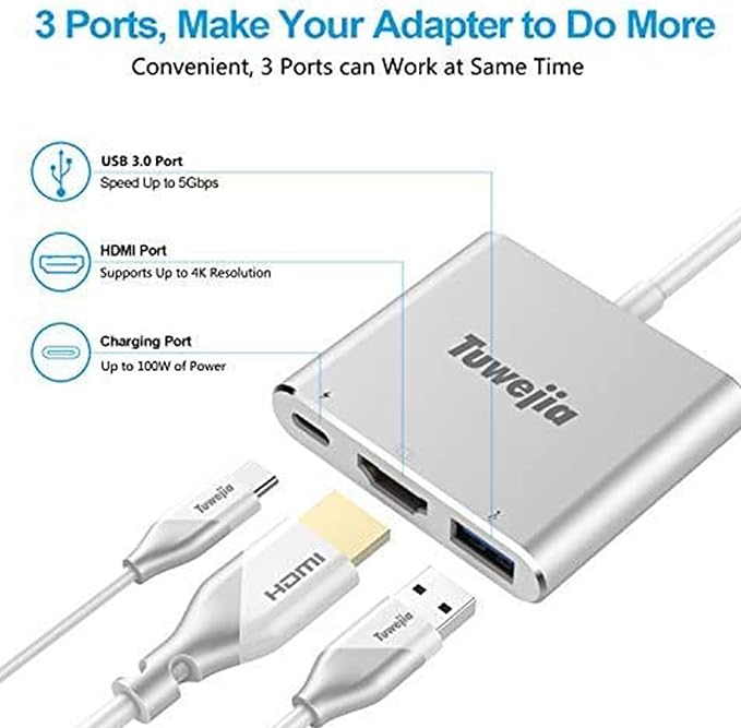 Tuwejia USB C to HDMI Multiport Adapter USB 3.1 Gen 1 Thumderbolt 3 to HDMI 4K Video Converter /USB 3.0 hub Port PD Quick Charging Port with Large Projection