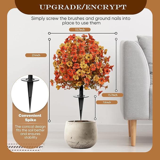 Artificial Topiary Bushes for Outdoors with Spike, Boxwood Ball Fake Shrubs UV Resistant Faux Plants for Indoor Outdoor Fall Thanksgiving Halloween Decor (Orange)