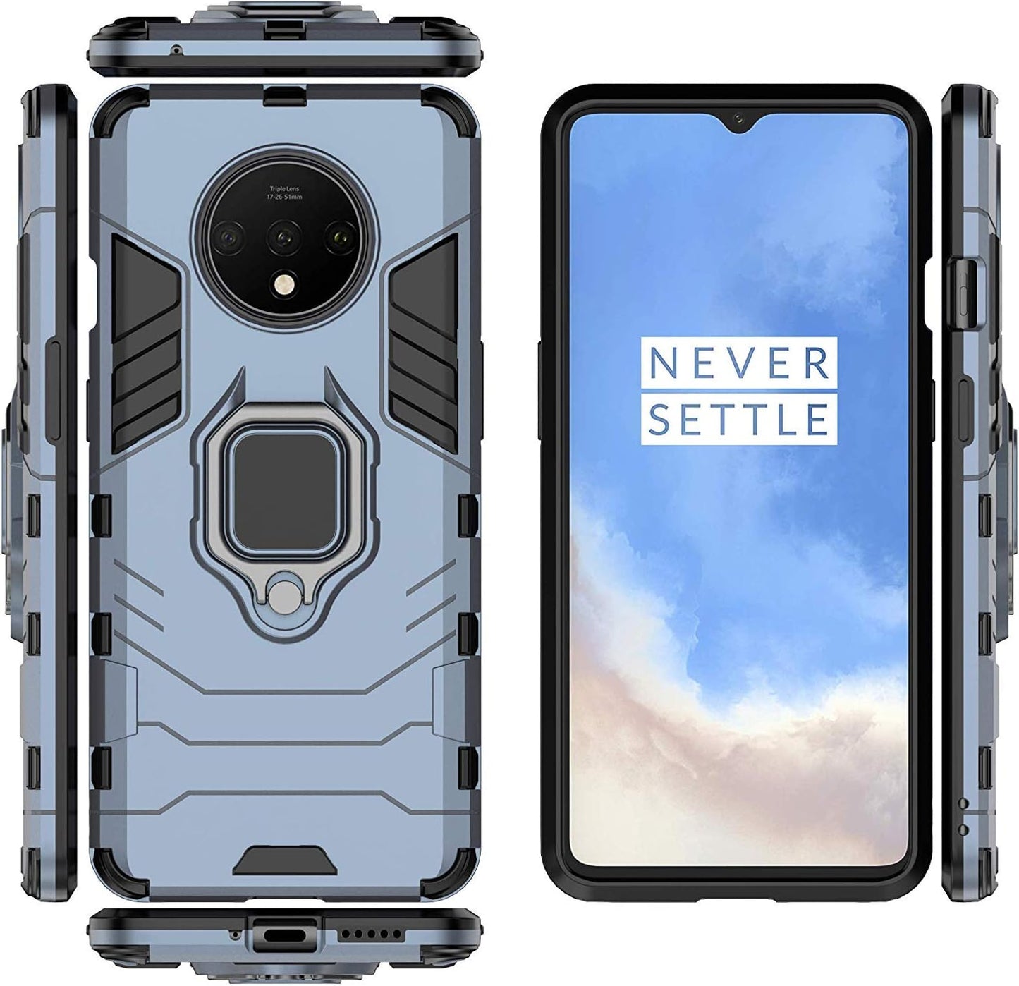 LuluMain Metal Ring Grip Kickstand Case for OnePlus 7T, Shockproof Hard Bumper, Dual Layer Rugged Cover, Navy Blue