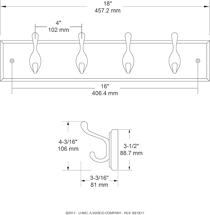 Liberty Hardware 129847 18-Inch Coat and Hat Rail/Rack with 4 Heavy Duty Hooks, White and White