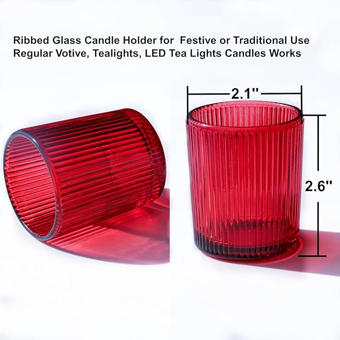 VOHO Red Candle Holders Set of 12, Ribbed Glass Votive Candle Holders Bulk for Holiday/Party Decorations, Tea Lights Candle Holder Wedding Centerpieces for Tables