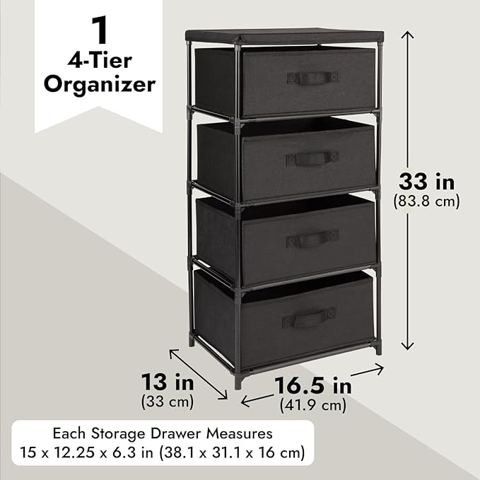 Juvale 4-Tier Fabric Dresser for Closet - 16.5 x 13 x 33 in, Black - Storage Cabinet with Drawers, Closet Drawers & Bedroom Storage