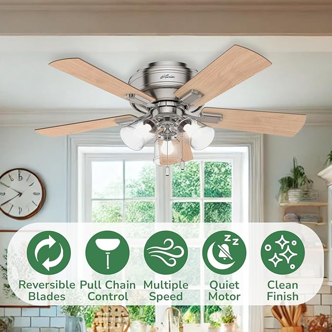 Hunter 42 inch Indoor Ceiling Fan with LED Lights and Pull Chain - Low Profile Mount Ceiling Fan, 5 Blades, For Bedroom, Living Room, or Kitchen, Quiet - Crestfield 52154, Brushed Nickel