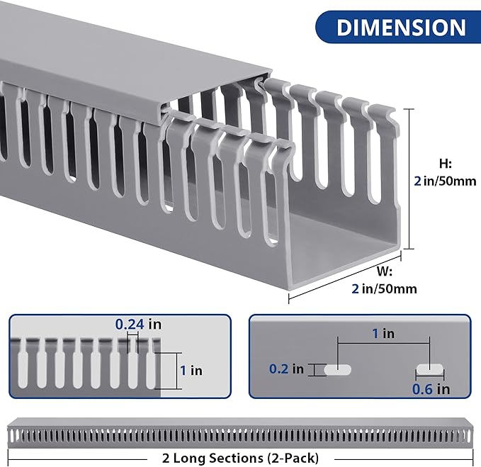 ZhiYo 2x2in Server Rack Cable Management Raceway, Cable Duct Kit, Electrically Safe PVC for Network Wire Management, Open Slot Cord Hider for Computer Under Desk, Grey