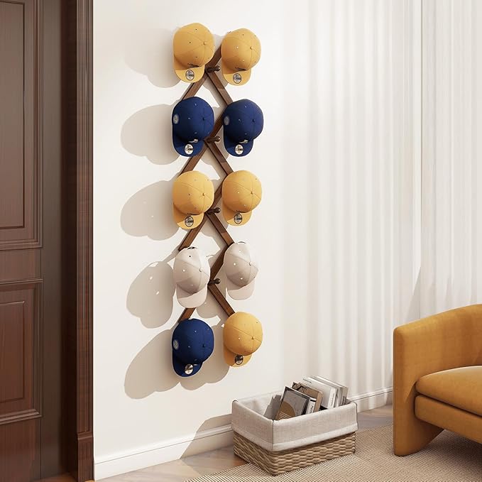 Homode Accordion Wall Hanger, Hat Rack for Wall, Wood Expandable Coat Rack, Vintage Accordian Peg Hooks Purse Organizer for Hanging Baseball Caps, Coffee Mug, Hats, Clothes, Backpack, Towel