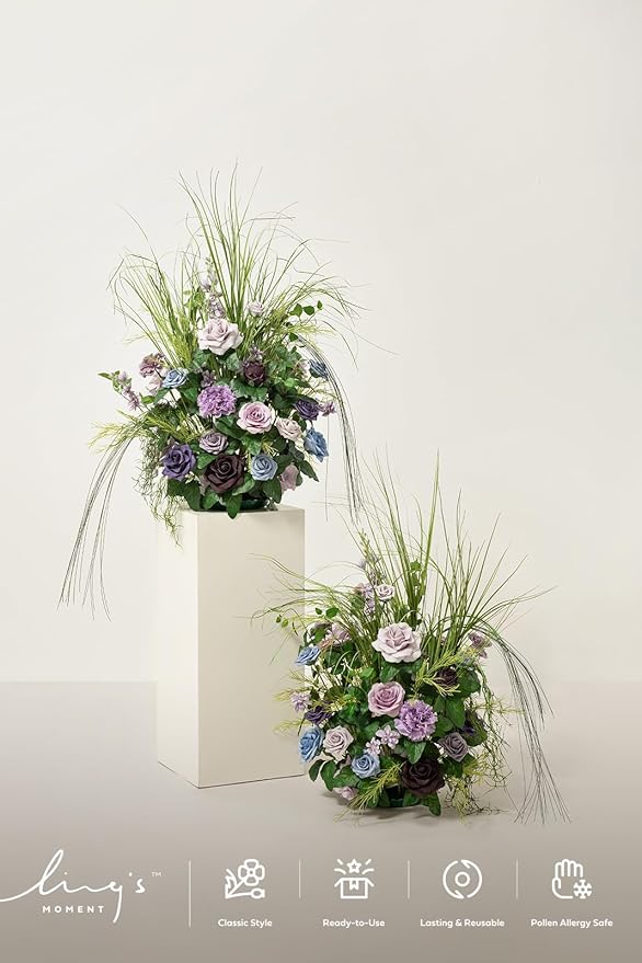 Ling's moment 41" Tall Fall Free Standing Artificial Flowers Arrangements 2pcs Wedding Aisle Runner Chair Decoration Fake Sage Purple for Arch Entryway Ceremony Reception Church Rose Floral Party