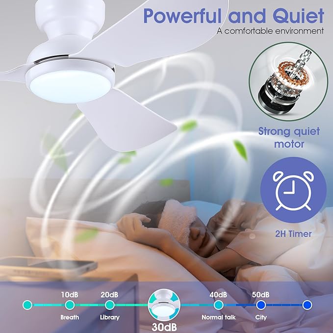 46 Inch Modern Ceiling Fans with Lights, Flush Mount Ceiling Fan with Remote/APP Control, 3 Reversible Curved Blades, 6 Speeds, 3 CCT, Dimmable Lights for Kids Room Bedroom, White