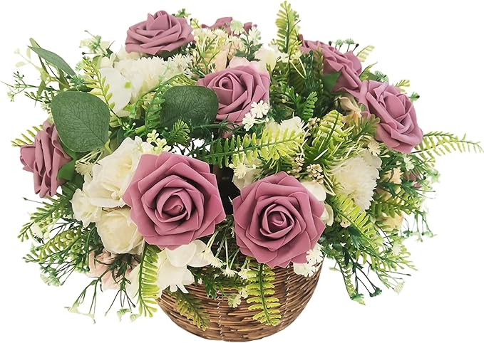 Artificial Flowers 25pcs Fake Roses, Rouge Foam Rose Faux Flower for DIY Wedding Bouquets Bridal Shower Centerpieces Floral Arrangements Home Decorations Party Backdrops Table