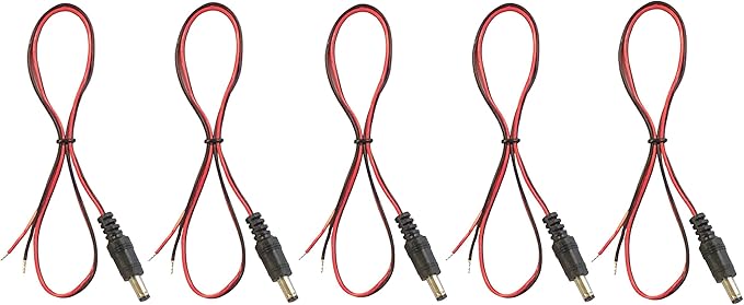 5 Pack 24 Inch 2.1mm x 5.5mm DC Male Jack to Open Bare Wire Adapter Cables