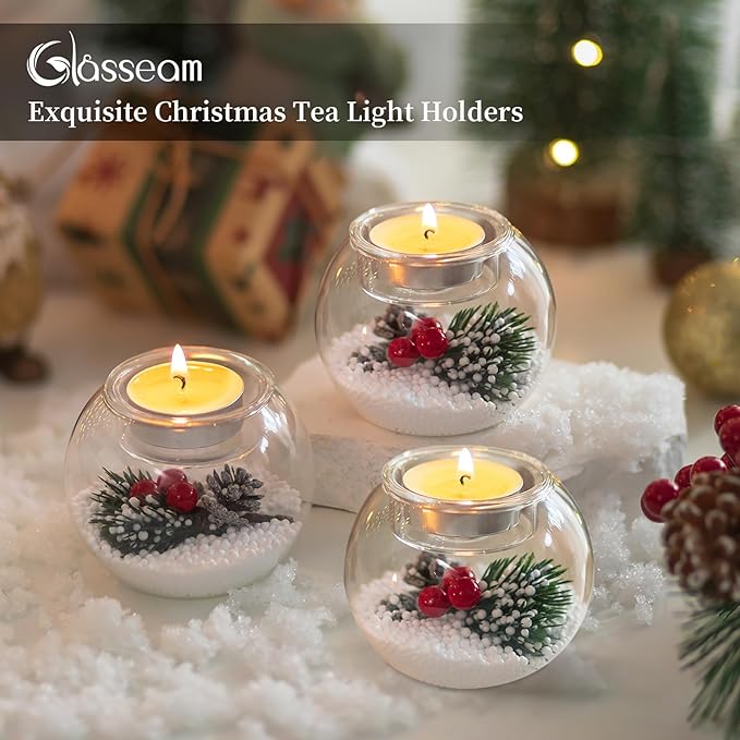 Glasseam Christmas Votive Candle Holders: Glass Tealight Candle Holder Set of 6 with Red Berry and Snow Pinecone Decorative Candle Holders for Table Centerpiece Party Christmas Decor Advent Gifts