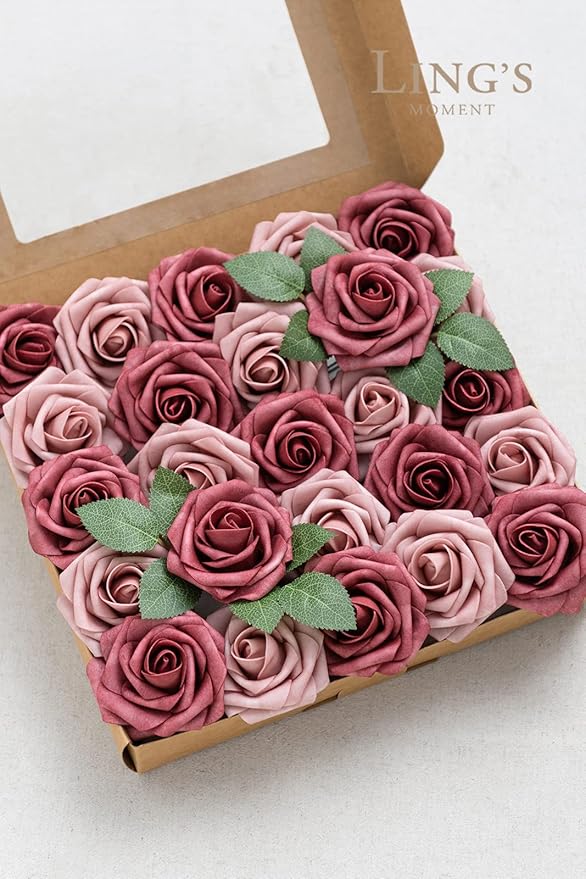 Ling's moment Artificial Flowers 50Pcs Torrid Blush Roses Decor w/Stems,3" Real Touch DIY Foam Floral for Wedding Bouquet/Centerpieces, Outdoors Party Backdrop, Room/Table, and Garden/Pot Decorations