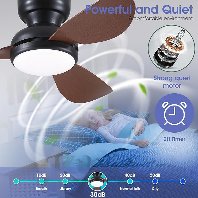 36 Inch Modern Ceiling Fans with Lights, Small Flush Mount Ceiling Fan with Light and Remote/APP Control, 3 Reversible 6 Speeds Curved Blades, 3 CCT Dimmable Lights for Bedroom, Brown