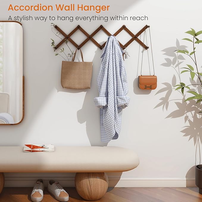 Homode Accordion Wall Hanger, Hat Rack for Wall, Wood Expandable Coat Rack, Vintage Accordian Peg Hooks Purse Organizer for Hanging Baseball Caps, Coffee Mug, Hats, Clothes, Backpack, Towel