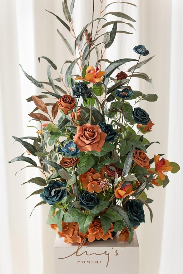 Ling's Moment 41" Tall Fall Free Standing Artificial Flowers Arrangements 2 pcs Wedding Arch Altar Stage Decorations Teal Burnt Orange For Ceremony Reception Church Backdrop Outdoor Aisle Floral Party