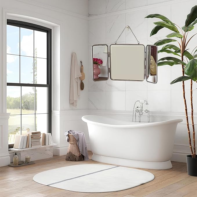 30 * 60cm Modern Tri-Fold Glass Mirror with Chain, Foldable Vanity Makeup Mirrors, Home Wall-Mounted Bathroom Mirror with Metal Frame for to See Back of Head