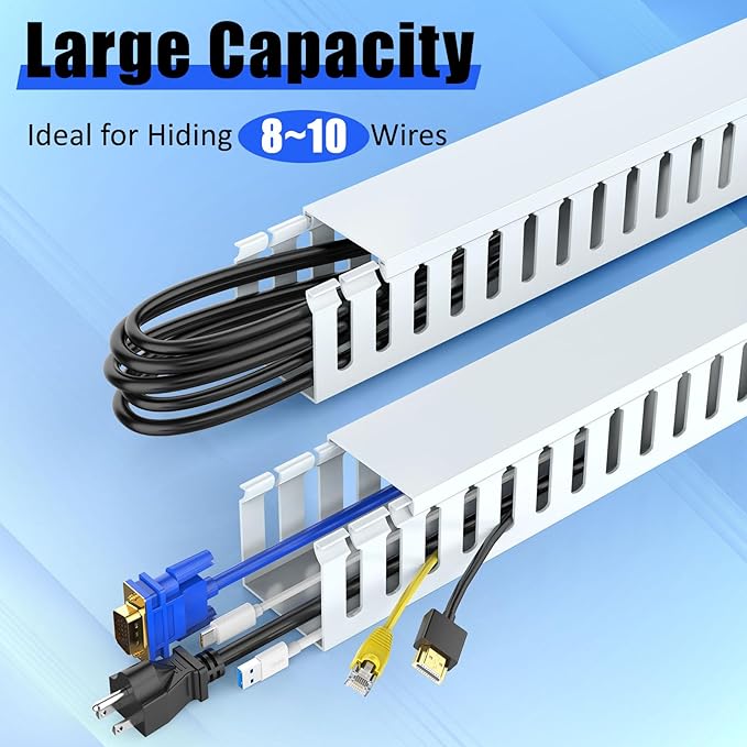 Open Slot Wiring Raceway Cable Duct, 123in Cable Management Channel Cord Track,Desk Wire Channel, Under Desk Cable Management to Hide Cables, Wires for Computers (White, 1.97" Hx1.97"W, 15.4''L(8 Pc))