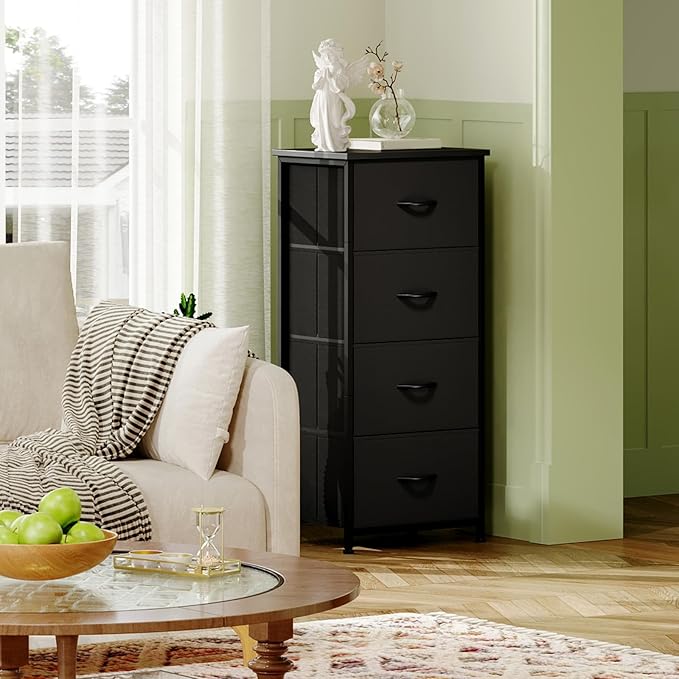 Somdot Dresser for Bedroom with 4 Drawers, Storage Organizer Chest of Drawers with Removable Fabric Bins for Closet Bedside Living Room Laundry Entryway Hallway, Black