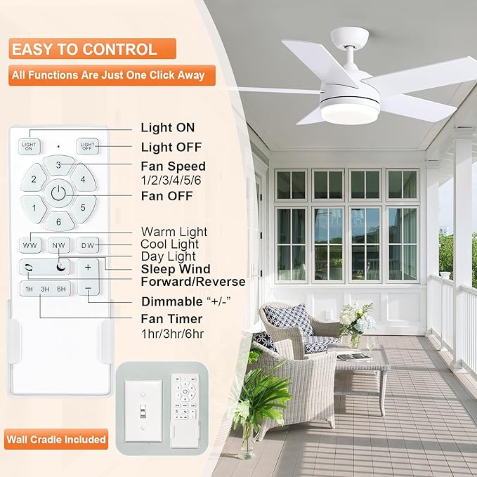 YUHAO 44 Inch White Ceiling Fan with Light and Remote Control.Noiseless,Dimmable,3CCT,6 Speeds Reversible, DC Ceiling Fans for Indoor or Covered Outdoor