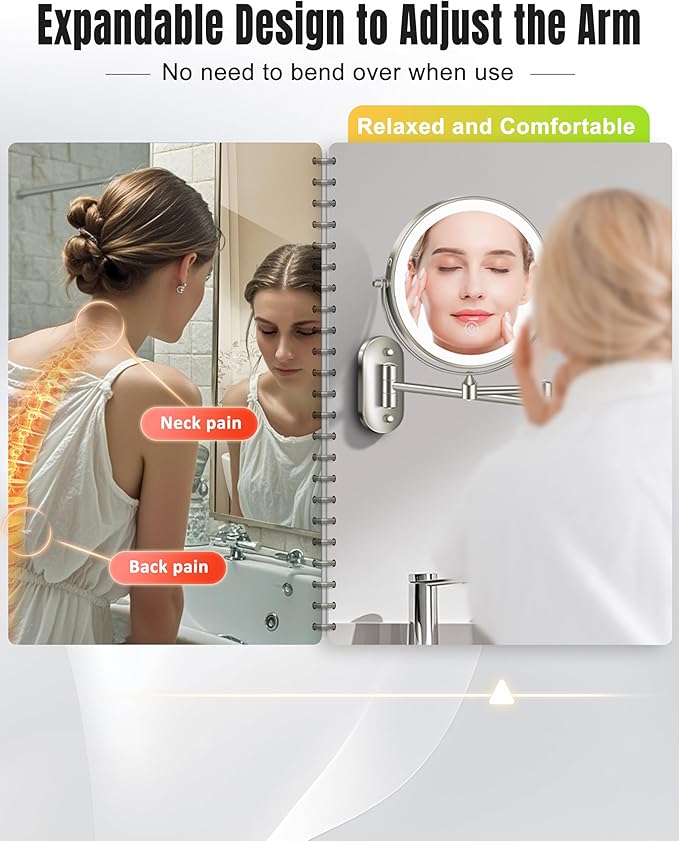 Wall Mounted Makeup Mirror with Light, 20X/1X 8'' Double Sided LED Magnifying Bathroom Lighted Vanity Mirror with Magnification, 3 Color Light up Touch Dimmable Extended Arm 360 Rotation