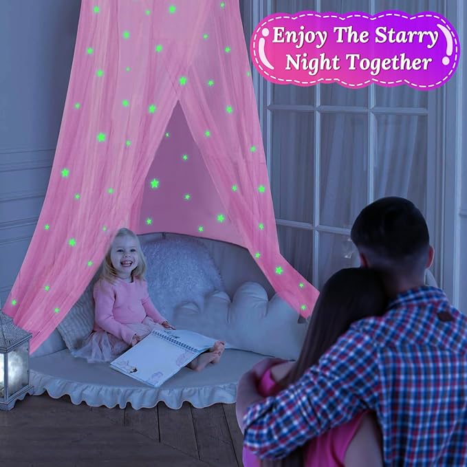 South to East Princess Bed Canopy with Glowing Stars, Pink Canopy for Girls' Room, Bed Canopy Curtains from Ceiling for Twin & Full Size Beds, Ideal Gift, Fire Retardant Fabric
