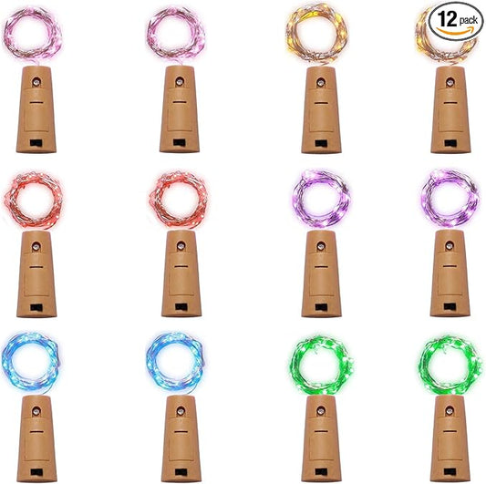 12 Pack 20 LED Wine Bottle Cork Lights, Fairy Mini String Lights Copper Wire, Battery Operated Starry Lights for DIY, Christmas, Halloween, Wedding, Party, Indoor&Outdoor (12 Pack, Multi Color)