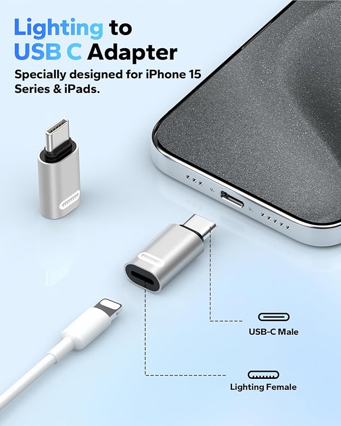 MoKo Lightning to USB C Adapter for iPhone 17 Air 16 15 Pro Max Plus, Galaxy S25 S24 S23, iPad Pro/Air, 2 Pack USB-C to Lightning Adapter for Fast Charging/Data Transfer, Not for Audio/OTG, Silver PD