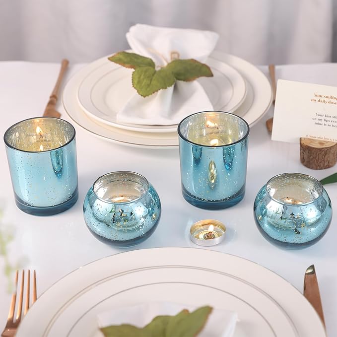 10 Pcs Assorted Lake Blue Votive Candle Holders, Larger Size Mercury Glass Candle Holder, Tealight Candle Holders for Wedding Decorations, Bridal Shower Table Decorations, Lake Blue Centerpieces