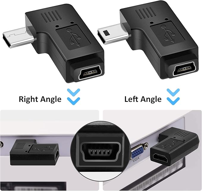UCEC USB 2.0 Adapter Plug, Mini USB to Mini USB, Left and Right Angle Mini to Mini - Male to Female - Pack of 2