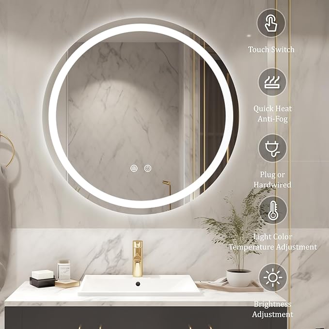 WallBeyond LED Bathroom Mirror with Lights, 28'' Round Light Up Bathroom Mirror for Wall with Front and Backlit, Anti Fog Led Mirror for Bathroom, 3 Colors and Dimmable Light